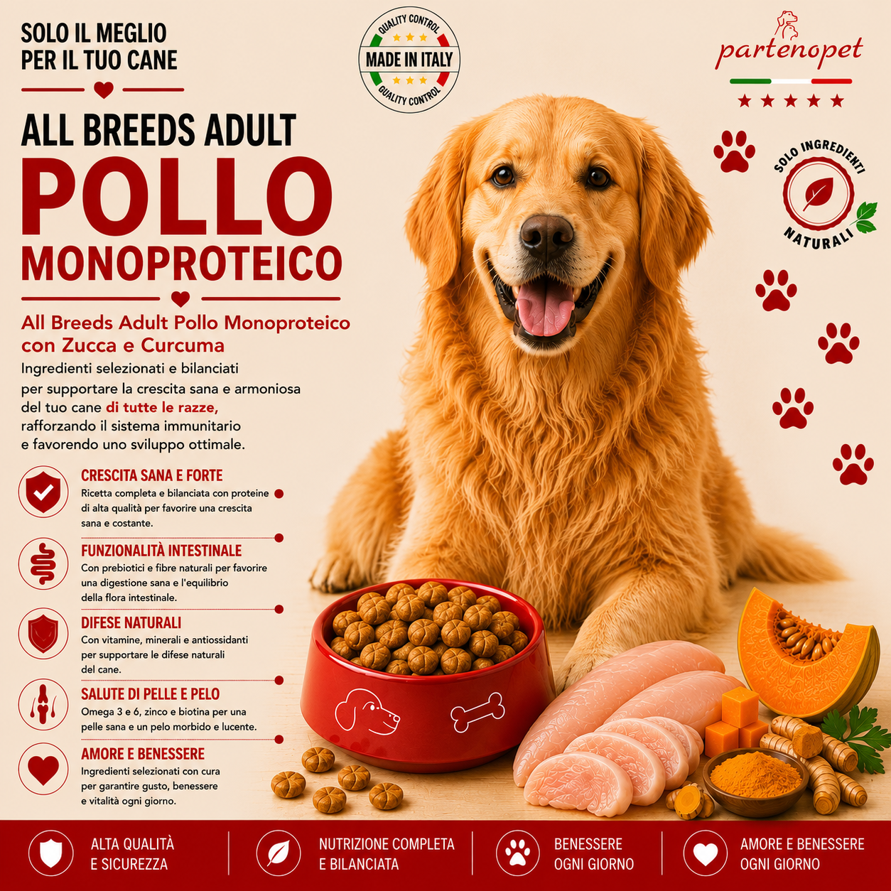 Sacco da 2kg crocchette Partenopet Adult All Breeds Pollo e Zucca, alimento naturale per cani pressato a freddo prodotto in Italia, monoproteico e senza conservanti.