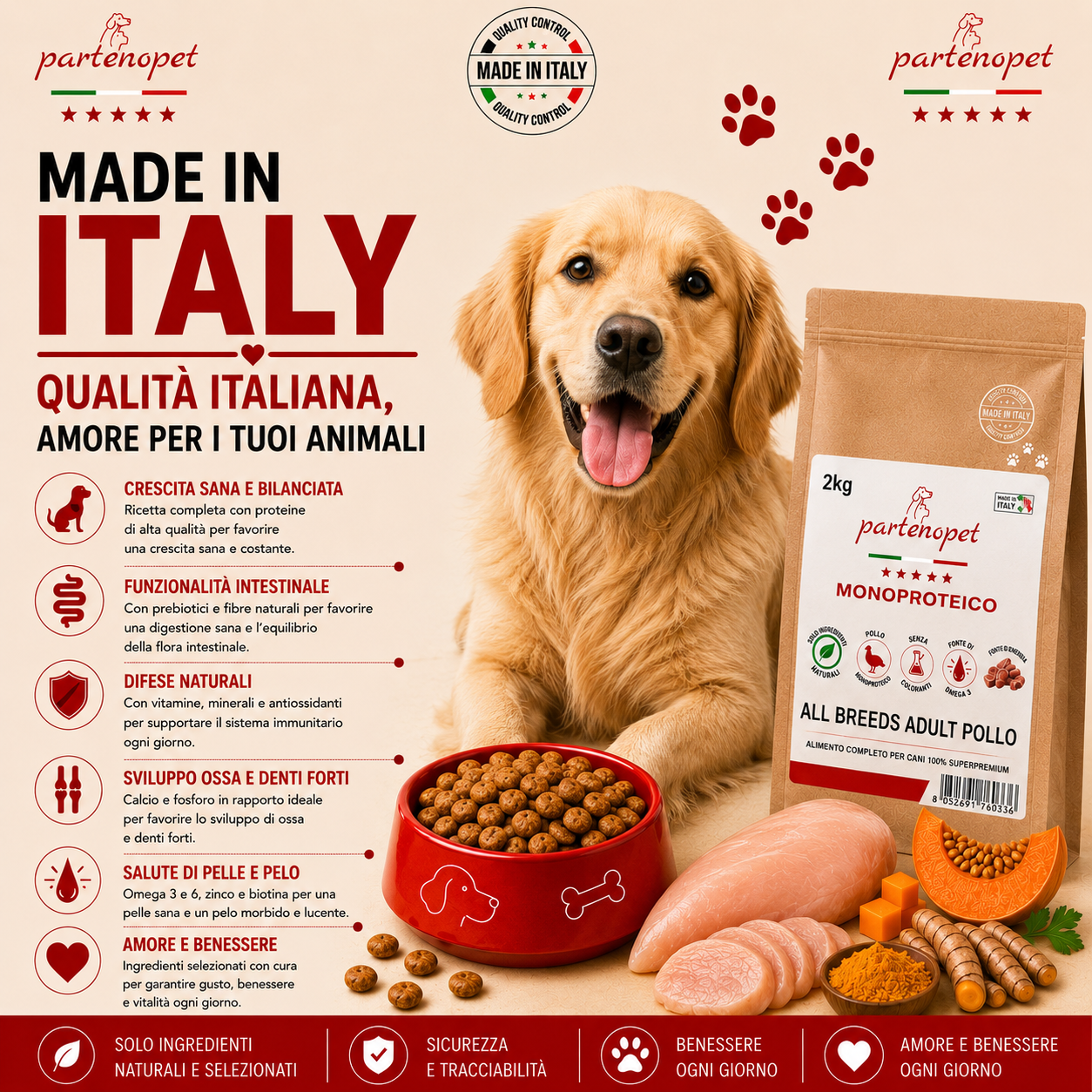 Sacco da 2kg crocchette Partenopet Adult All Breeds Pollo e Zucca, alimento naturale per cani pressato a freddo prodotto in Italia, monoproteico e senza conservanti.