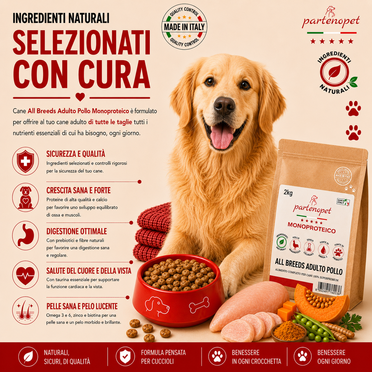 Sacco da 2kg crocchette Partenopet Adult All Breeds Pollo e Zucca, alimento naturale per cani pressato a freddo prodotto in Italia, monoproteico e senza conservanti.