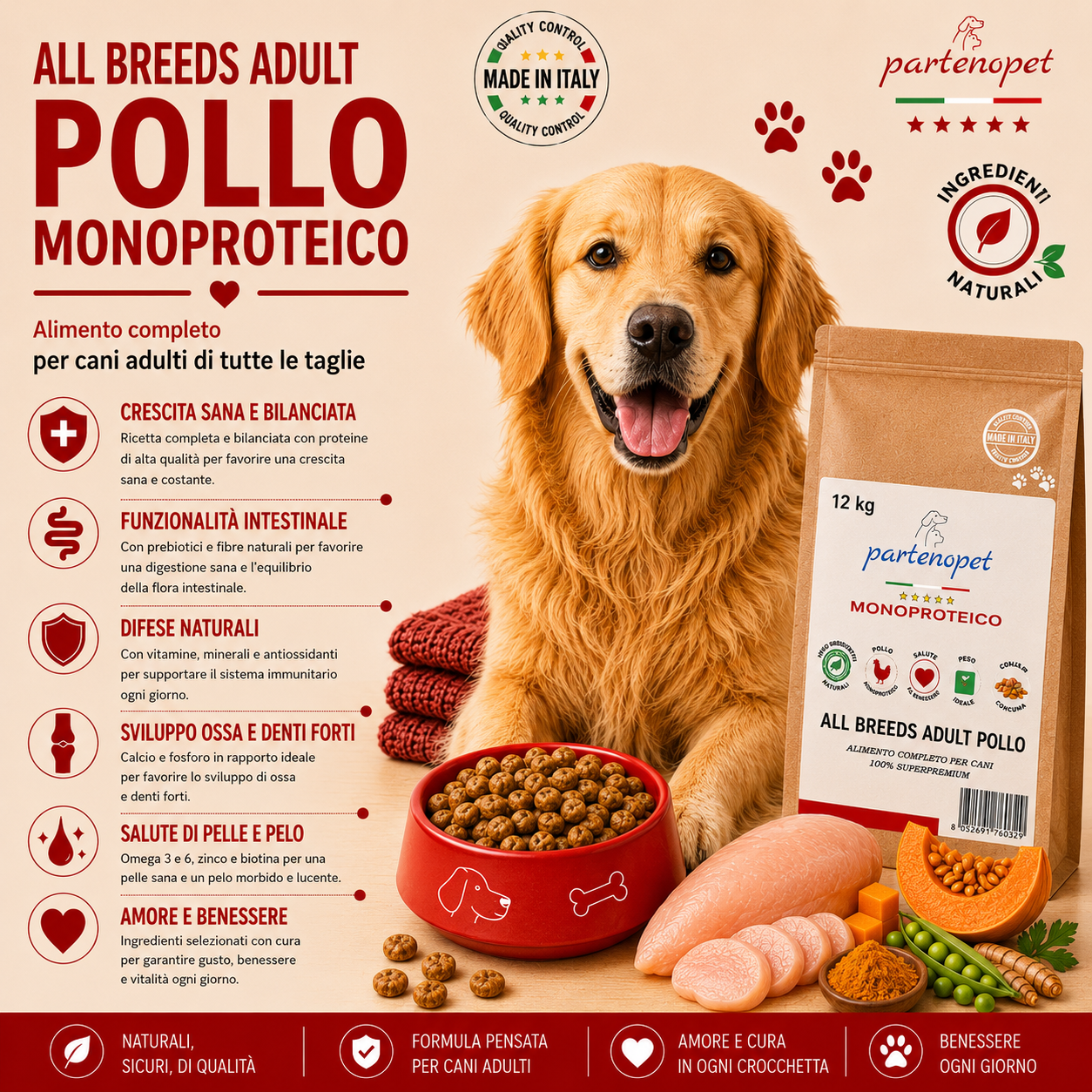 Sacco convenienza 12kg crocchette Partenopet Adult All Breeds Pollo e Zucca, alimento naturale monoproteico per cani pressato a freddo, Made in Italy senza conservanti.