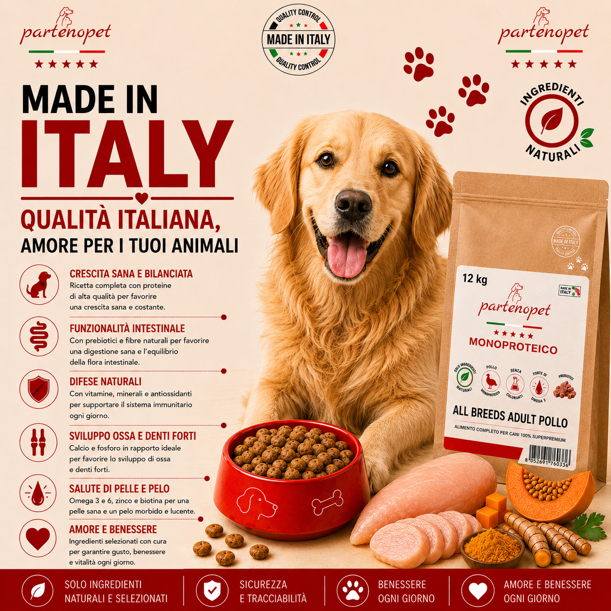 Sacco convenienza 12kg crocchette Partenopet Adult All Breeds Pollo e Zucca, alimento naturale monoproteico per cani pressato a freddo, Made in Italy senza conservanti.
