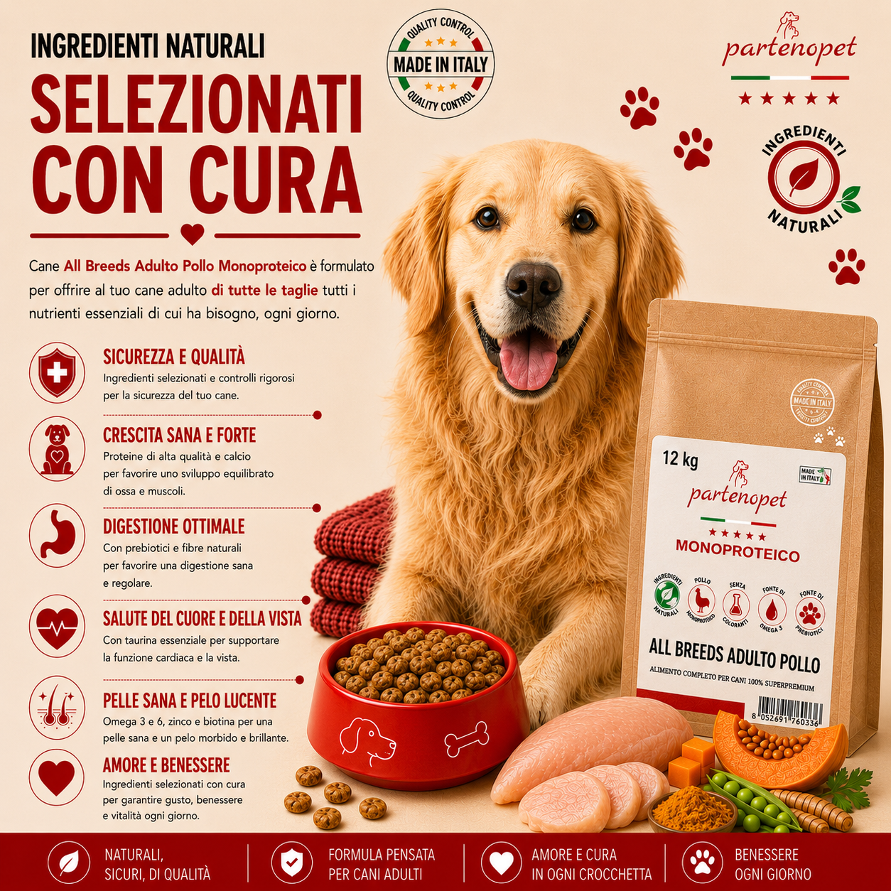 Sacco convenienza 12kg crocchette Partenopet Adult All Breeds Pollo e Zucca, alimento naturale monoproteico per cani pressato a freddo, Made in Italy senza conservanti.