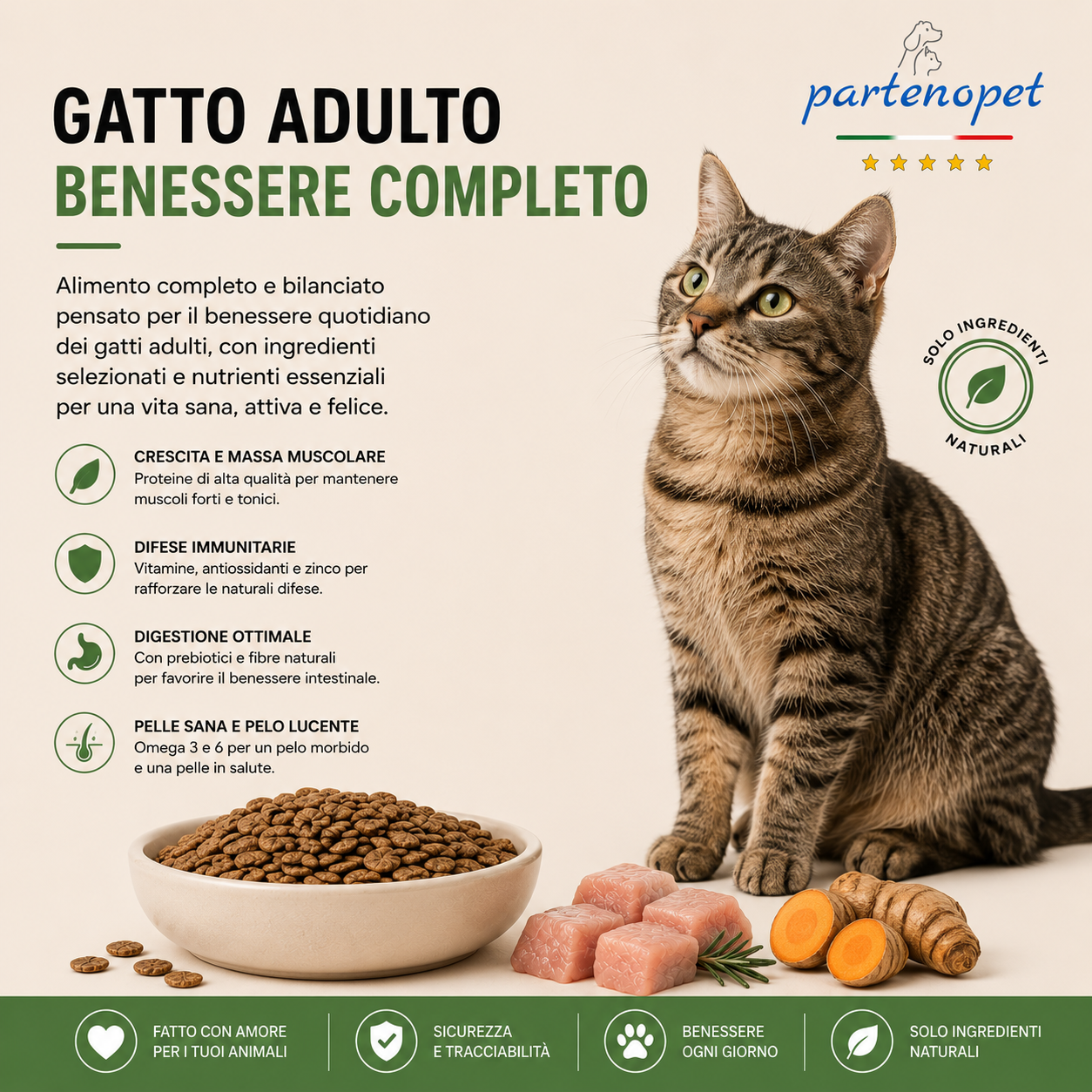 Sacco convenienza 10kg crocchette Partenopet Adult Cat al maiale, alimento naturale per gatti adulti pressato a freddo prodotto in Italia, senza conservanti né coloranti.
