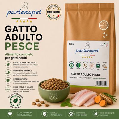 Sacco scorta 10kg crocchette Partenopet Adult Cat al pesce, alimento naturale per gatti adulti pressato a freddo prodotto in Italia, senza conservanti né coloranti, con Taurina e Curcuma.