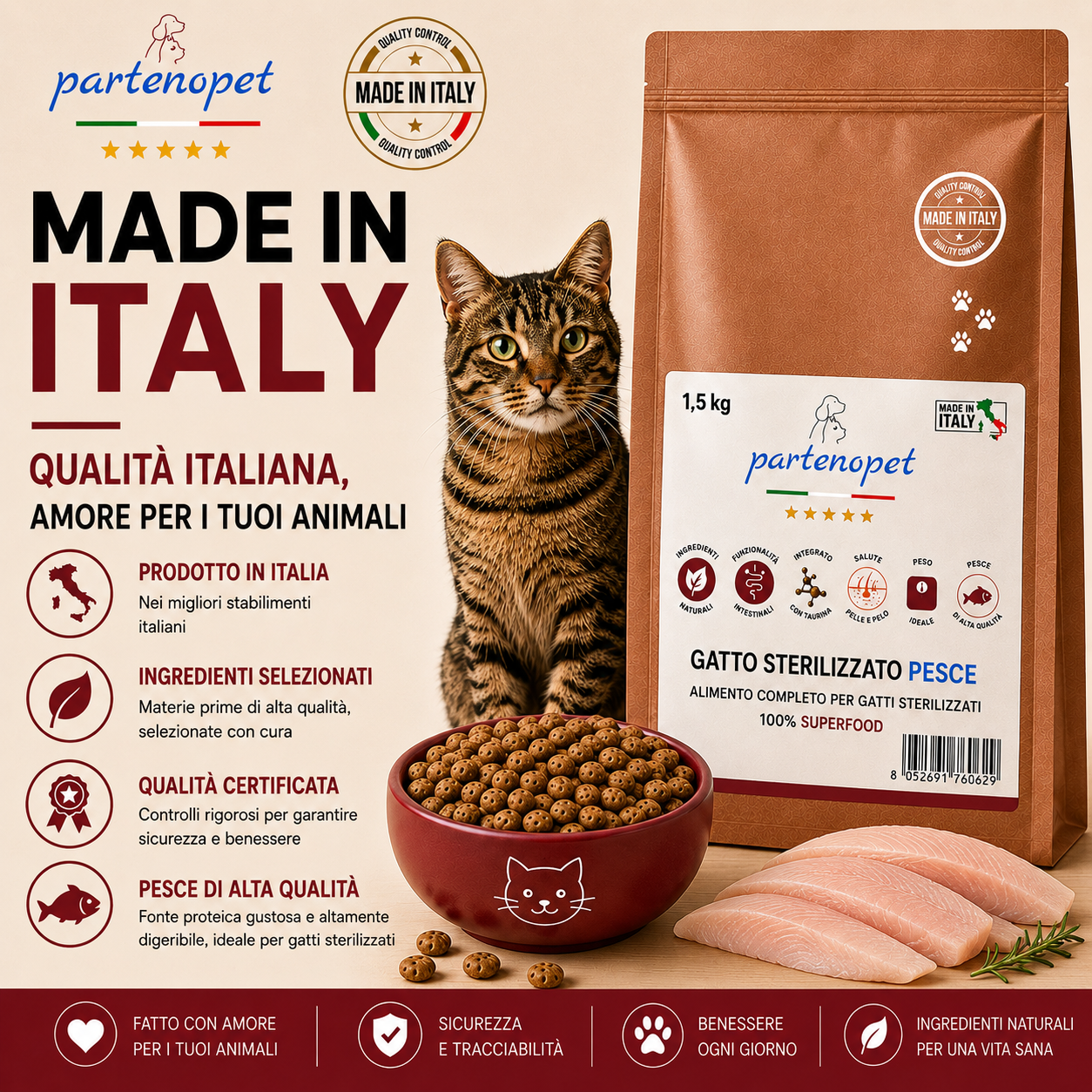 Busta di crocchette al pesce per gatti sterilizzati pressate a freddo senza conservanti e coloranti marca Partenopet da 1,5 kg