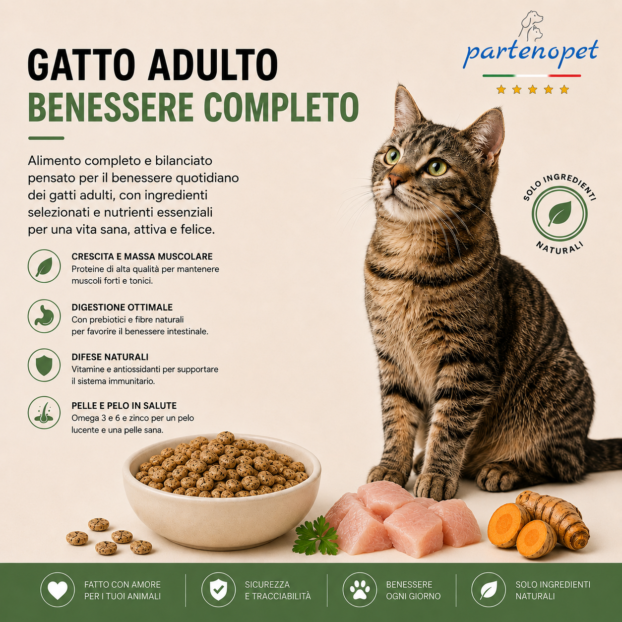 Sacco convenienza 10kg crocchette Partenopet Adult Cat al pollo, alimento naturale per gatti adulti pressato a freddo prodotto in Italia, senza conservanti né coloranti, con Taurina e Curcuma.