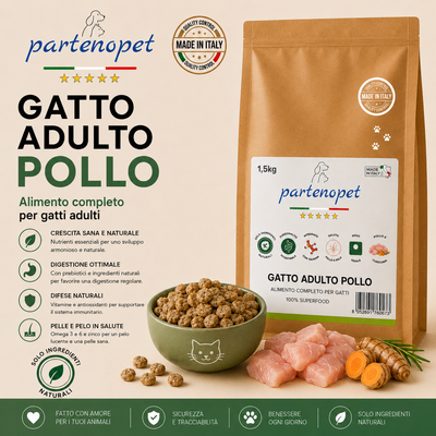 Sacco da 1,5kg crocchette Partenopet Adult Cat al pollo, alimento naturale per gatti adulti pressato a freddo prodotto in Italia, senza conservanti né coloranti, con Taurina e Curcuma.
