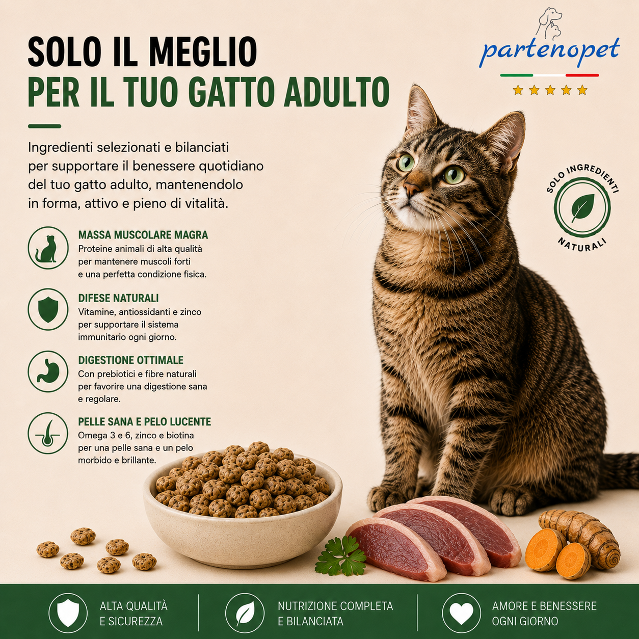 Sacco da 1,5kg crocchette Partenopet Adult Cat all'anatra, alimento naturale per gatti adulti pressato a freddo prodotto in Italia, senza conservanti né coloranti, con Taurina e Curcuma.