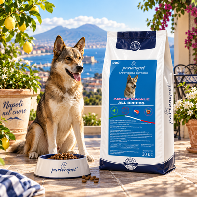 Cane adulto accanto al sacco Partenopet Dog Adult Maiale 20 kg