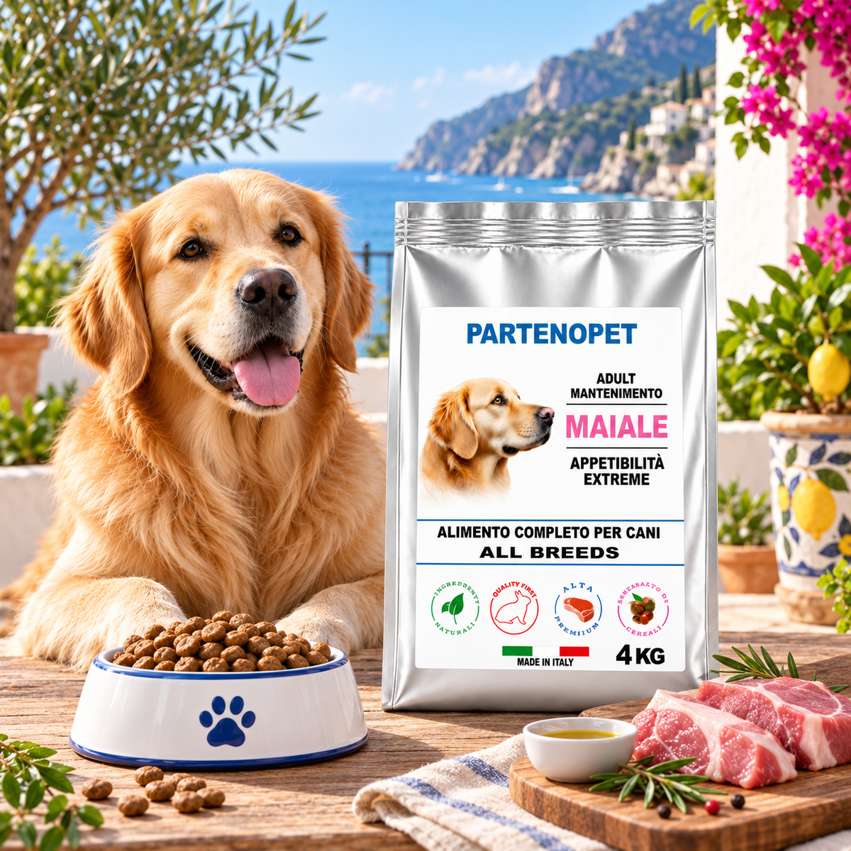 Cane adulto accanto alla confezione Partenopet Dog Adult Maiale 4 kg