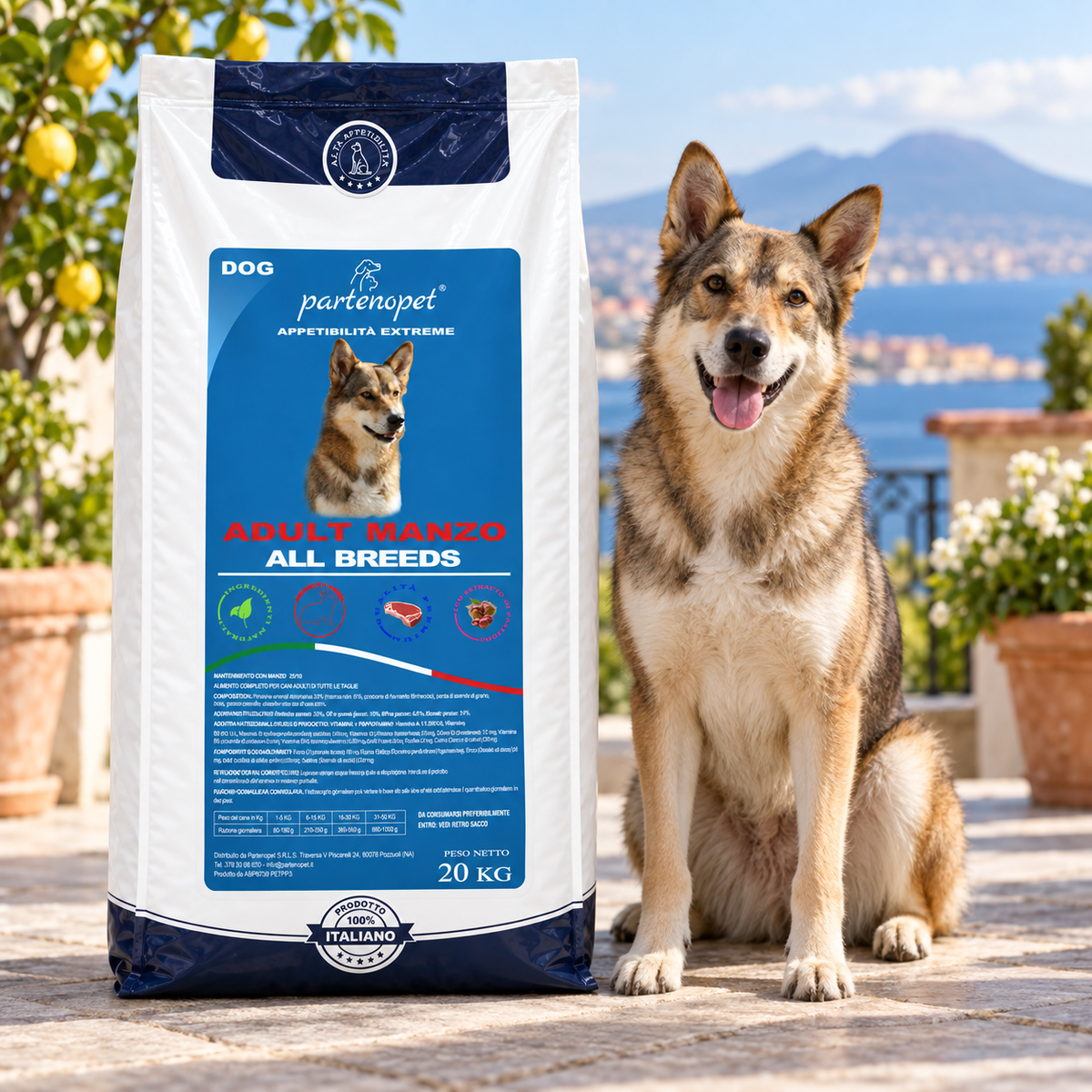 Cane adulto accanto al sacco Partenopet Dog Adult Manzo 20 kg