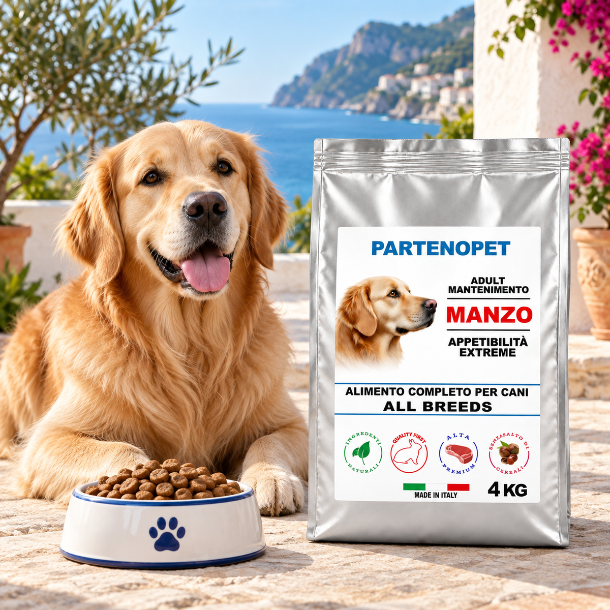 Cane adulto accanto alla confezione Partenopet Dog Adult Manzo 4 kg