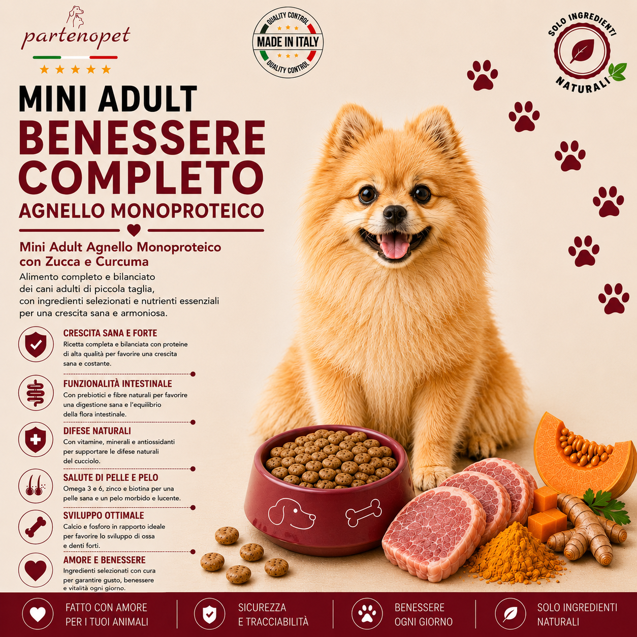 Partenopet Adult Mini Monoproteico Agnello e Zucca Crocchette per Cani 100% Naturali 12 kg - Partenopet