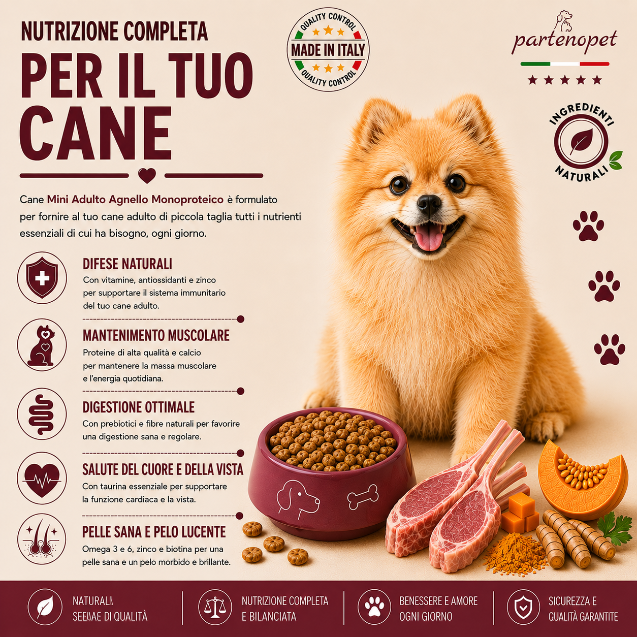 Partenopet Adult Mini Monoproteico Agnello e Zucca Crocchette per Cani 100% Naturali 12 kg - Partenopet