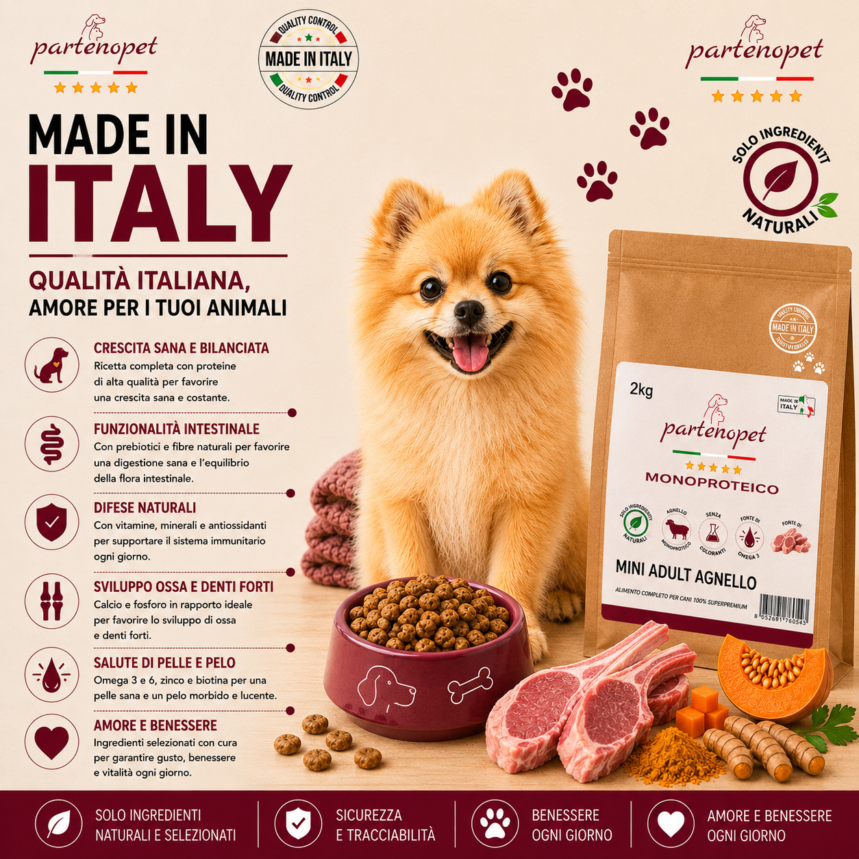 Partenopet Adult Mini Monoproteico Agnello e Zucca Crocchette per Cani 100% Naturali 2 kg - Partenopet