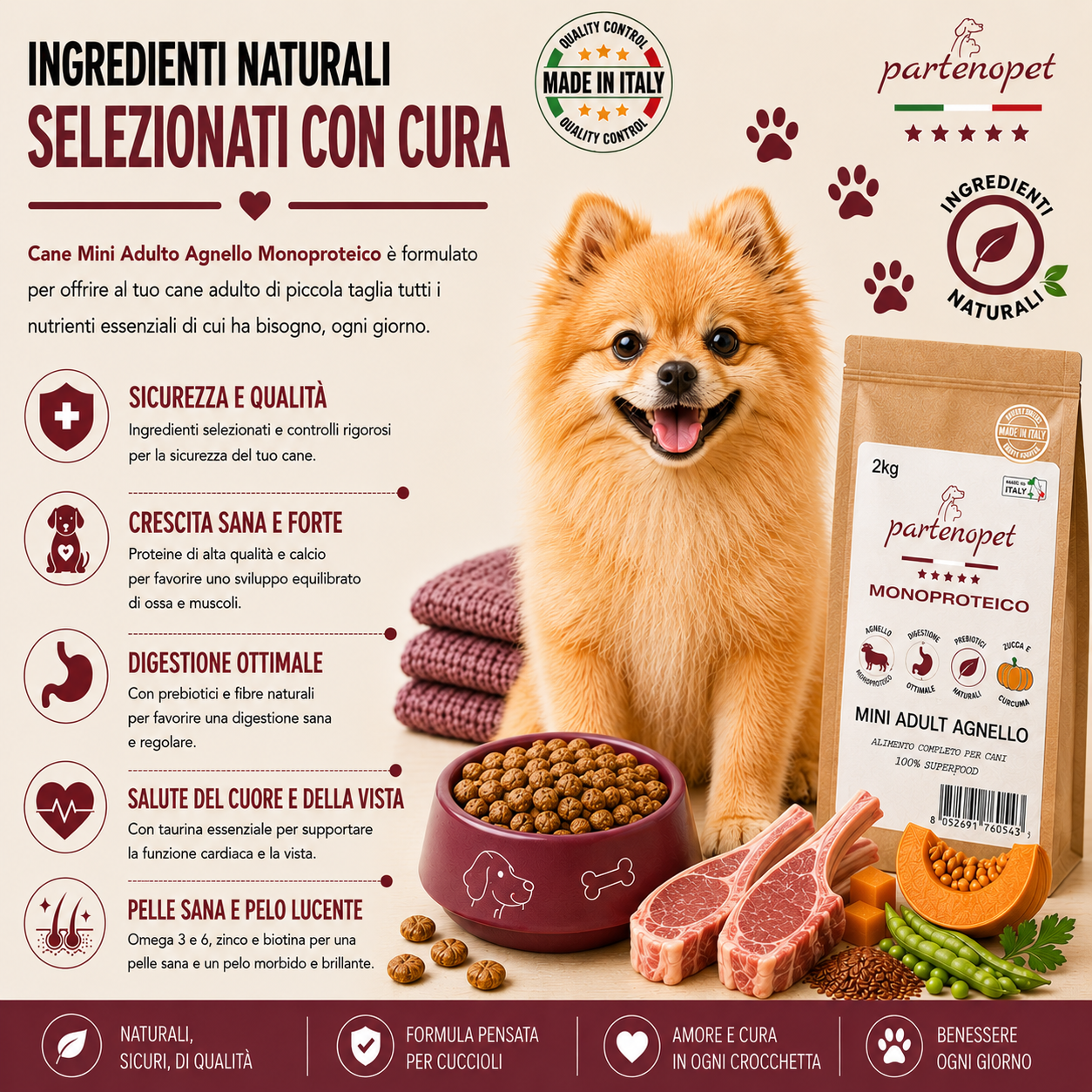 Partenopet Adult Mini Monoproteico Agnello e Zucca Crocchette per Cani 100% Naturali 2 kg - Partenopet