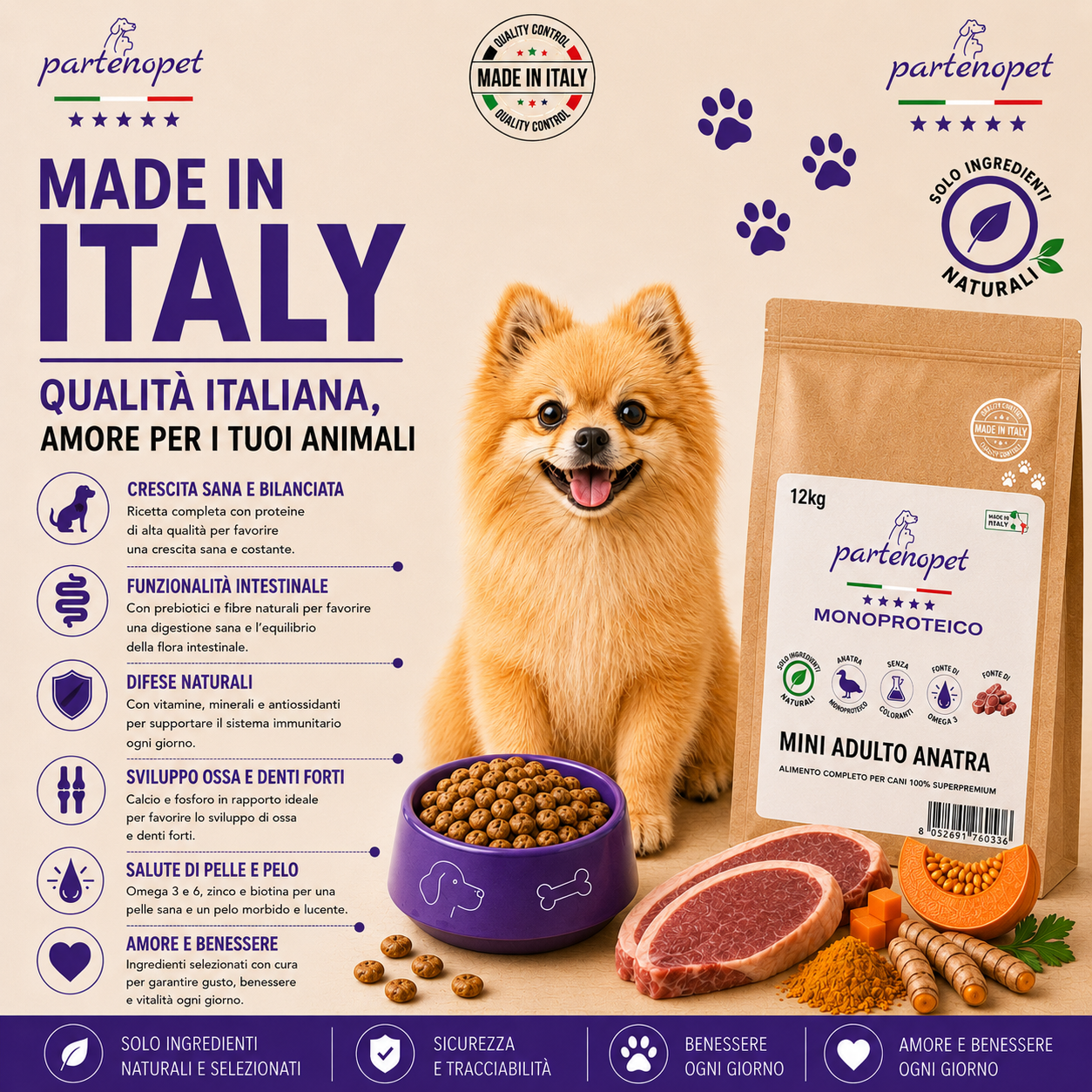 Partenopet Adult Mini Monoproteico Anatra e Zucca Crocchette per Cani 100% Naturali 12kg - Partenopet