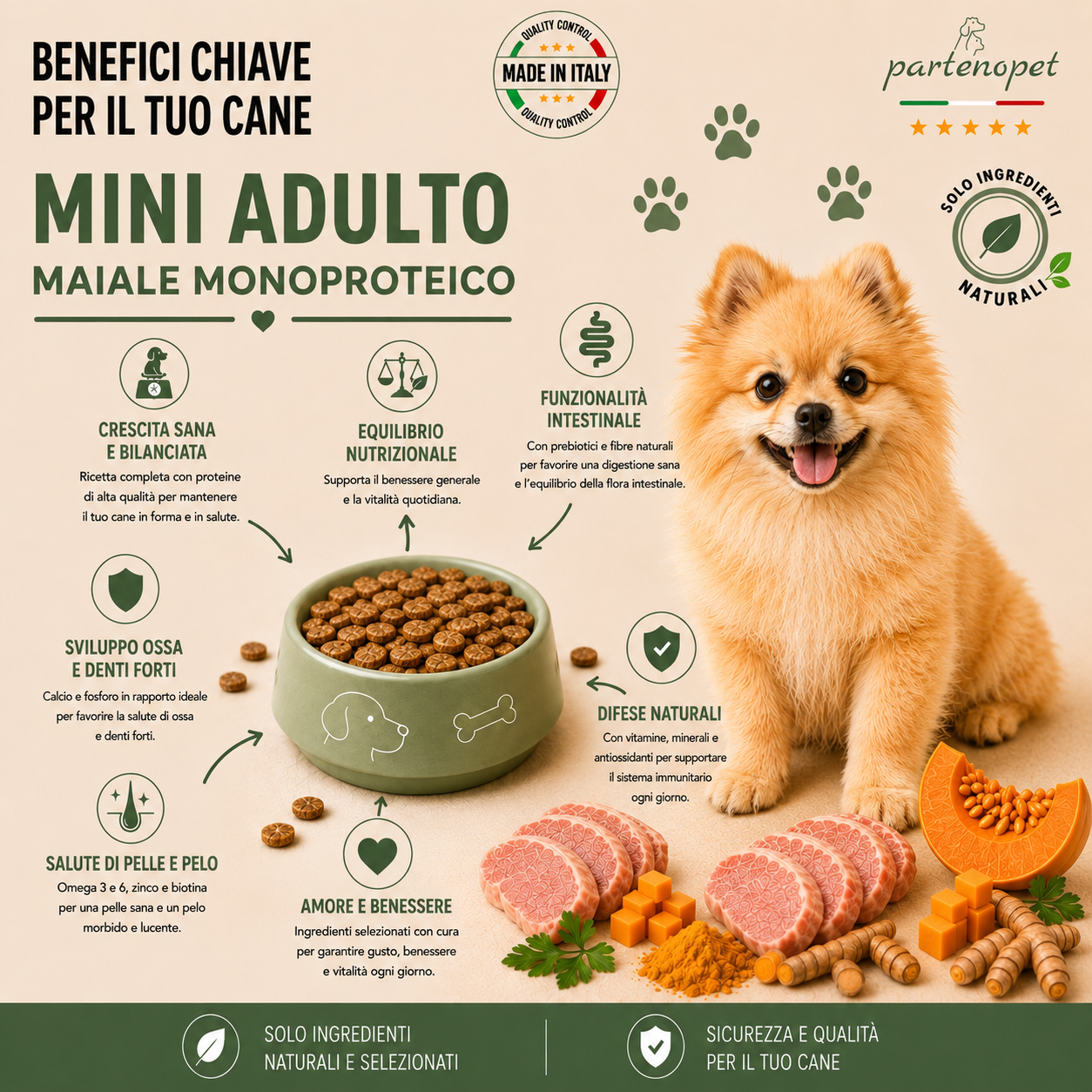 Partenopet Adult Mini Monoproteico Maiale e Zucca Crocchette per Cani 100% Naturali 2 kg - Partenopet