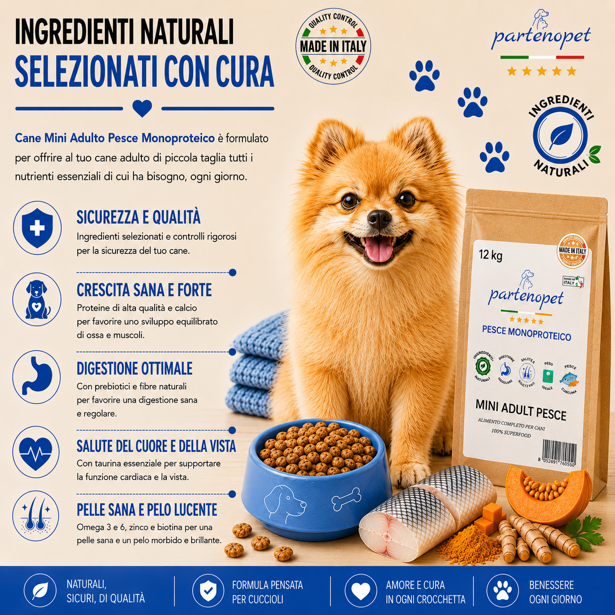 Partenopet Adult Mini Monoproteico Pesce e Zucca Crocchette per Cani 100% Naturali 12 kg - Partenopet