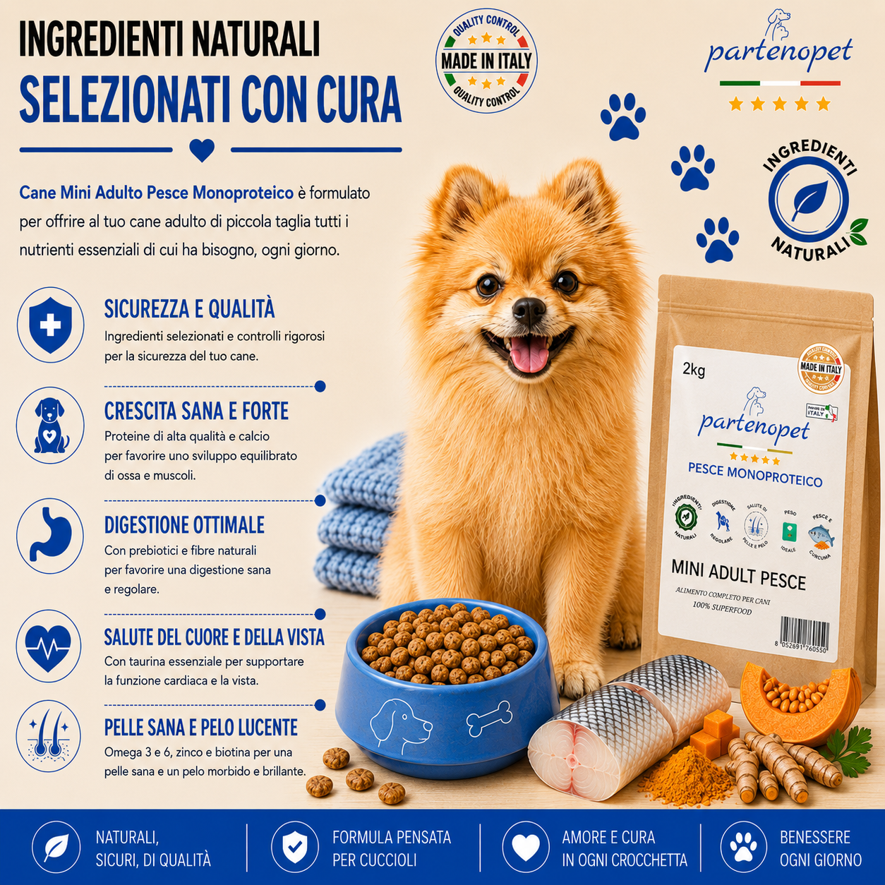 Partenopet Adult Mini Monoproteico Pesce e Zucca Crocchette per Cani 100% Naturali 2 kg - Partenopet