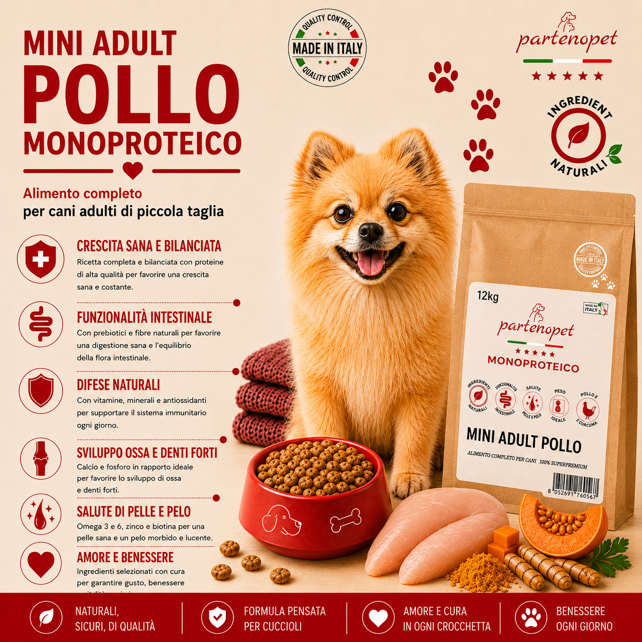 Confezione da 12 kg di crocchette per cani piccoli Partenopet Adult Mini al Pollo e Zucca