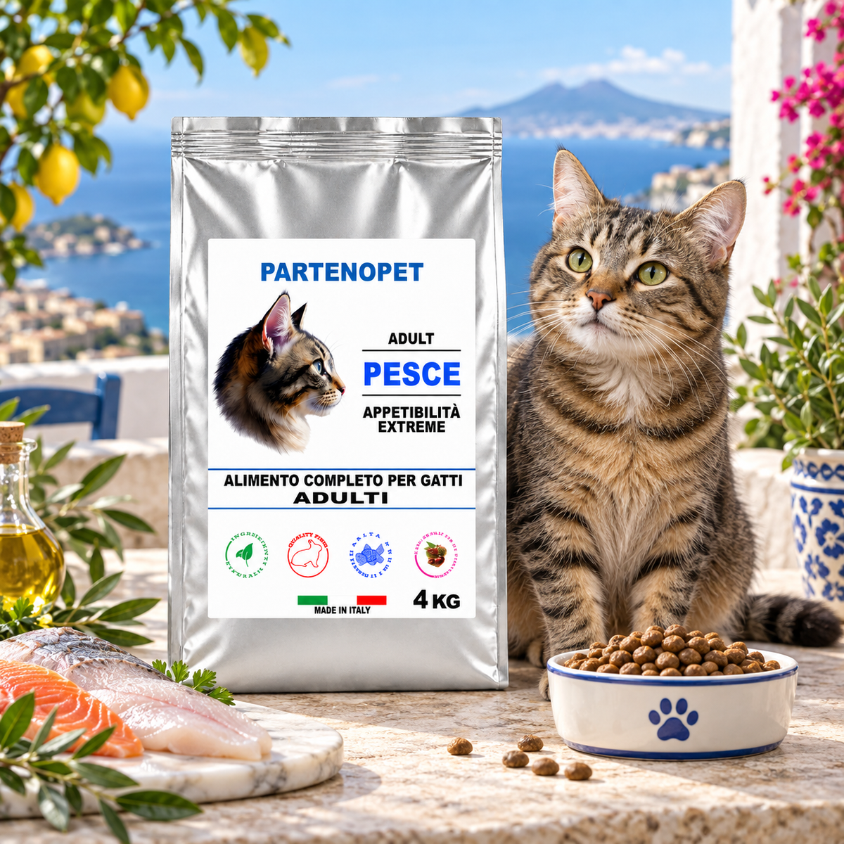 Gatto adulto accanto alla confezione Partenopet Cat Adult Pesce 4 kg