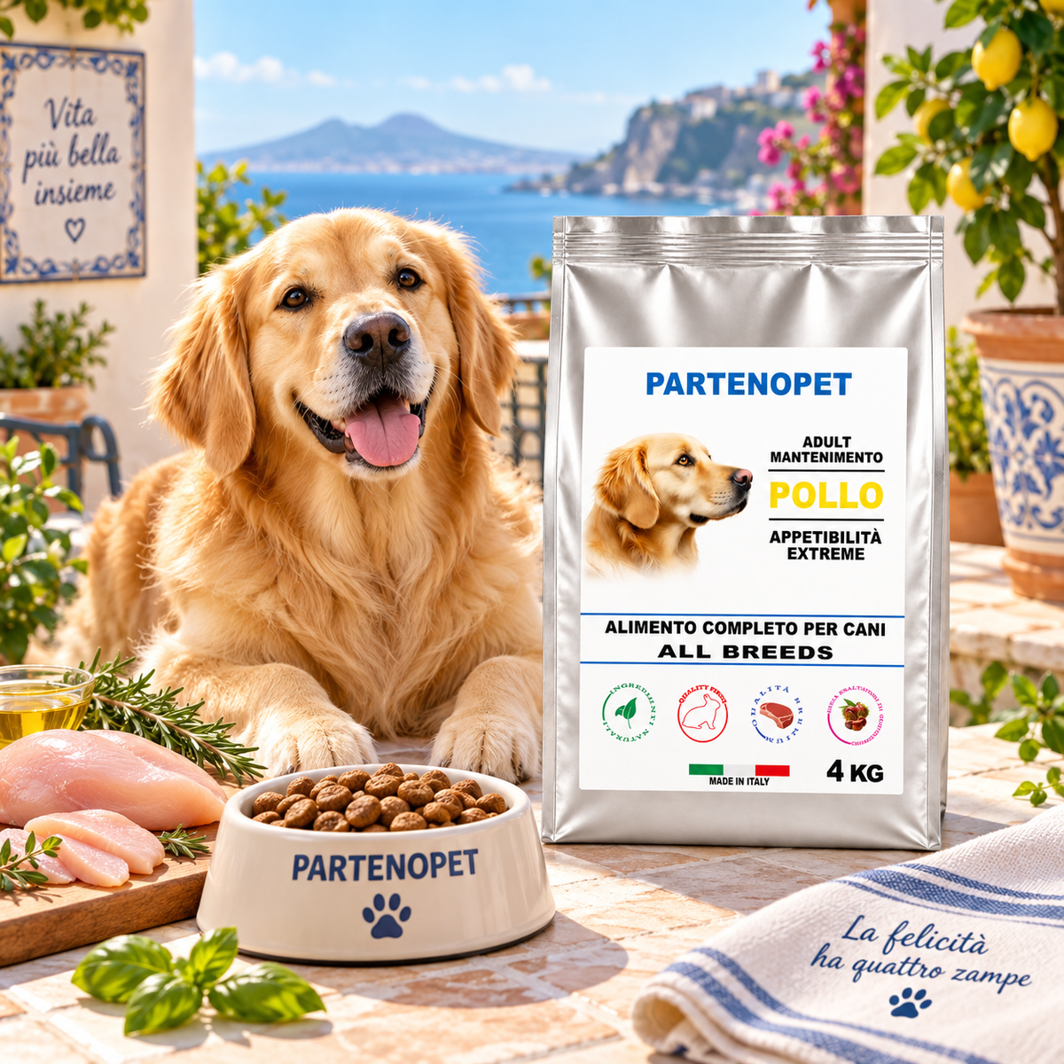 Cane adulto accanto alla confezione Partenopet Dog Adult Pollo 4 kg