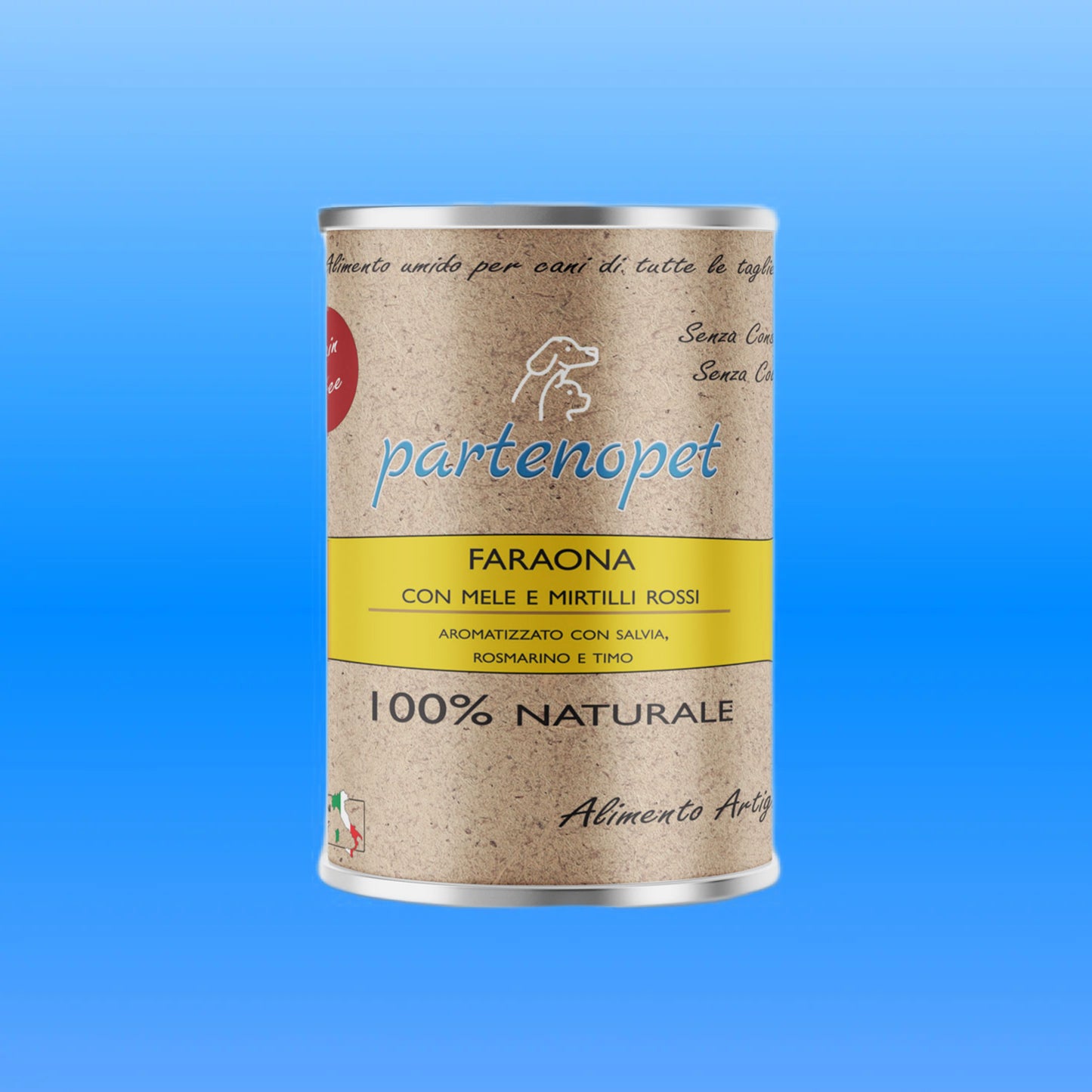 Scatoletta di alimento umido per cani grain free con faraona mele e mirtilli rocci marca Partenopet da 400 g