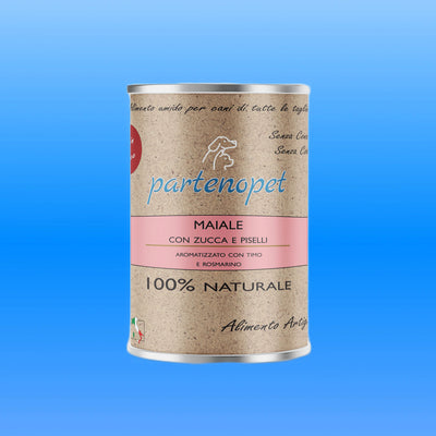 Scatoletta di alimento umido per cani Grain Free con maiale zucca e piselli marca Partenopet da 400 g