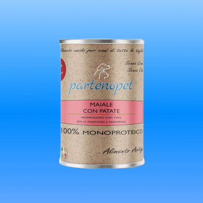 Scatoletta di alimento umido per cani grain free e monoproteico con maiale e patate marca Partenopet da 400 g
