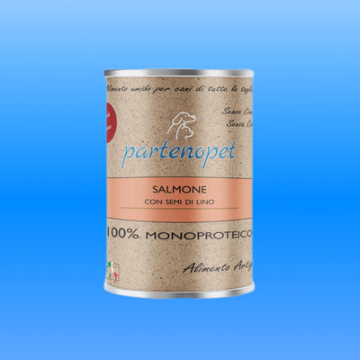 Scatoletta di alimento umido per cani monoproteica e grain free marca Partenopet al salmone con semi di lino da 400 g