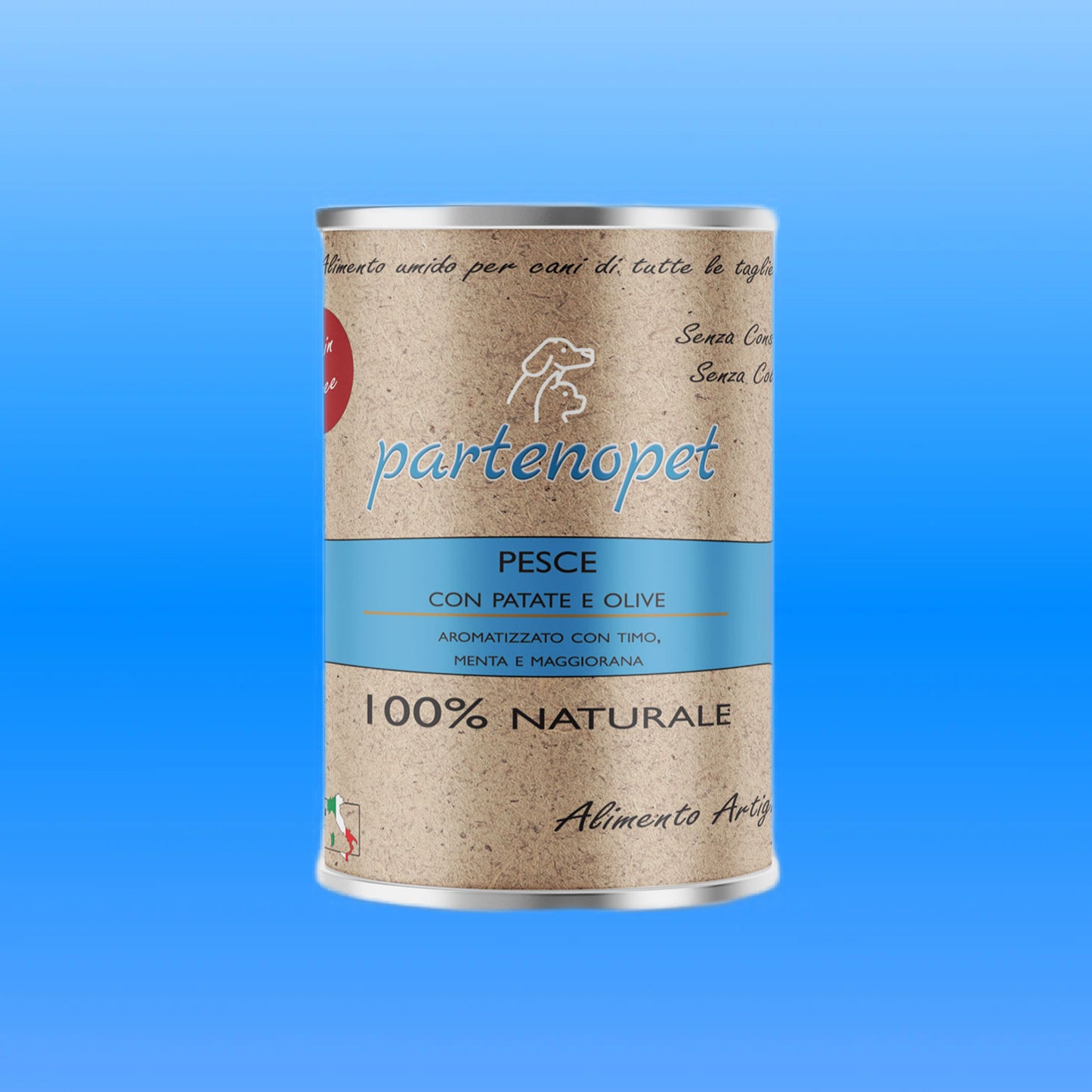 Scatoletta di alimento umdo per cani Grain Free al pesce con patate e olive marca Partenopet da 400 g