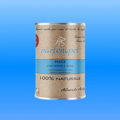 Scatoletta di alimento umdo per cani Grain Free al pesce con patate e olive marca Partenopet da 400 g