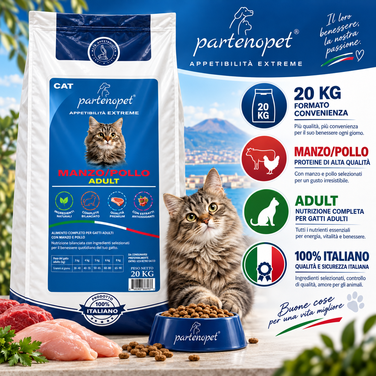 Partenopet Cat Adult Manzo e Pollo 20 kg: confezione e informazioni del prodotto