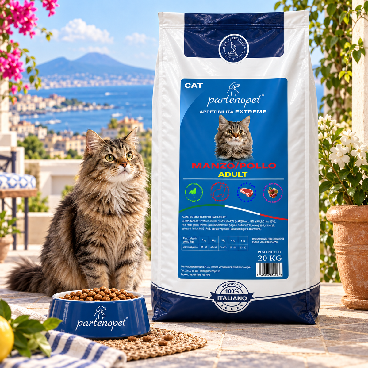 Gatto adulto accanto al sacco Partenopet Cat Adult Manzo Pollo 20 kg