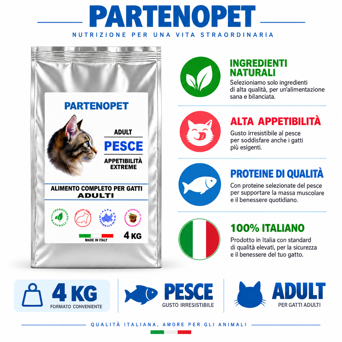 Partenopet Cat Adult Pesce 4 kg, alimento completo per gatti adulti Made in Italy