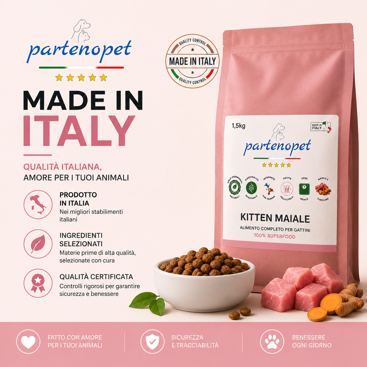 Partenopet Cat Kitten Maiale Crocchette per Gatti Cuccioli pressate a freddo 1,5 kg - Partenopet