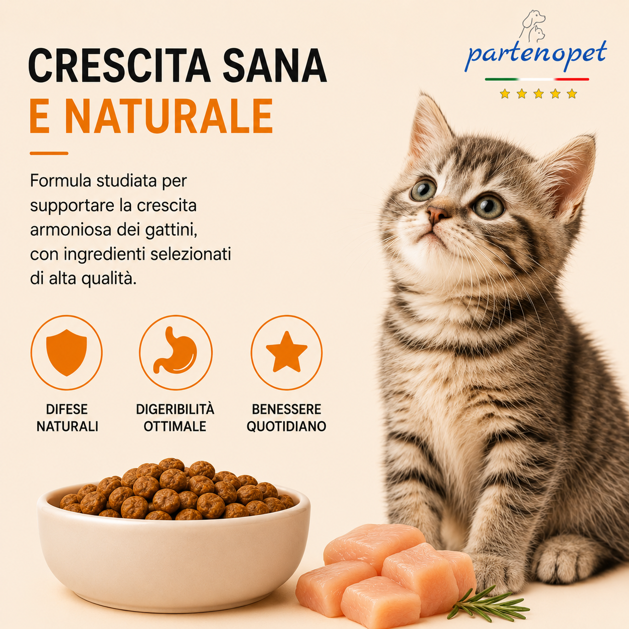 Busta di crocchette al pollo per gatti cuccioli pressate a freddo senza conservanti e coloranti marca Partenopet da 1,5 kg