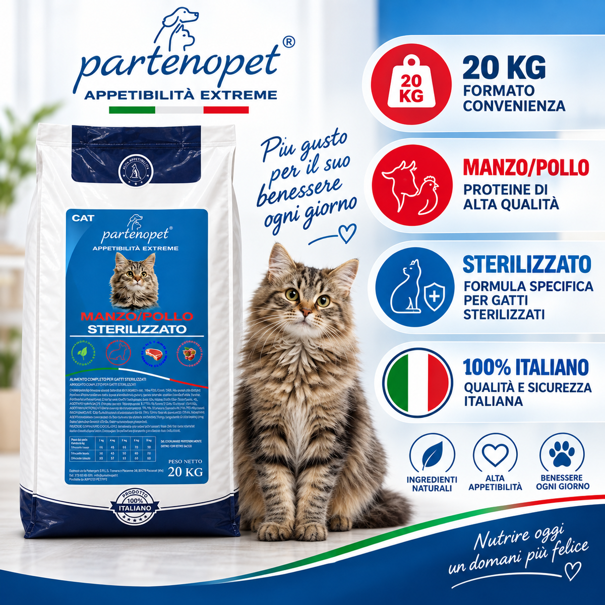 Partenopet Cat Sterilizzato Manzo e Pollo 20 kg: confezione e informazioni del prodotto
