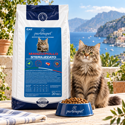 Gatto sterilizzato accanto al sacco Partenopet Cat Sterilizzato Manzo Pollo 20 kg