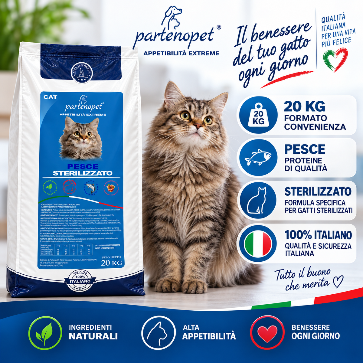 Partenopet Cat Sterilizzato Pesce 20 kg, alimento completo per gatti sterilizzati 100% italiano