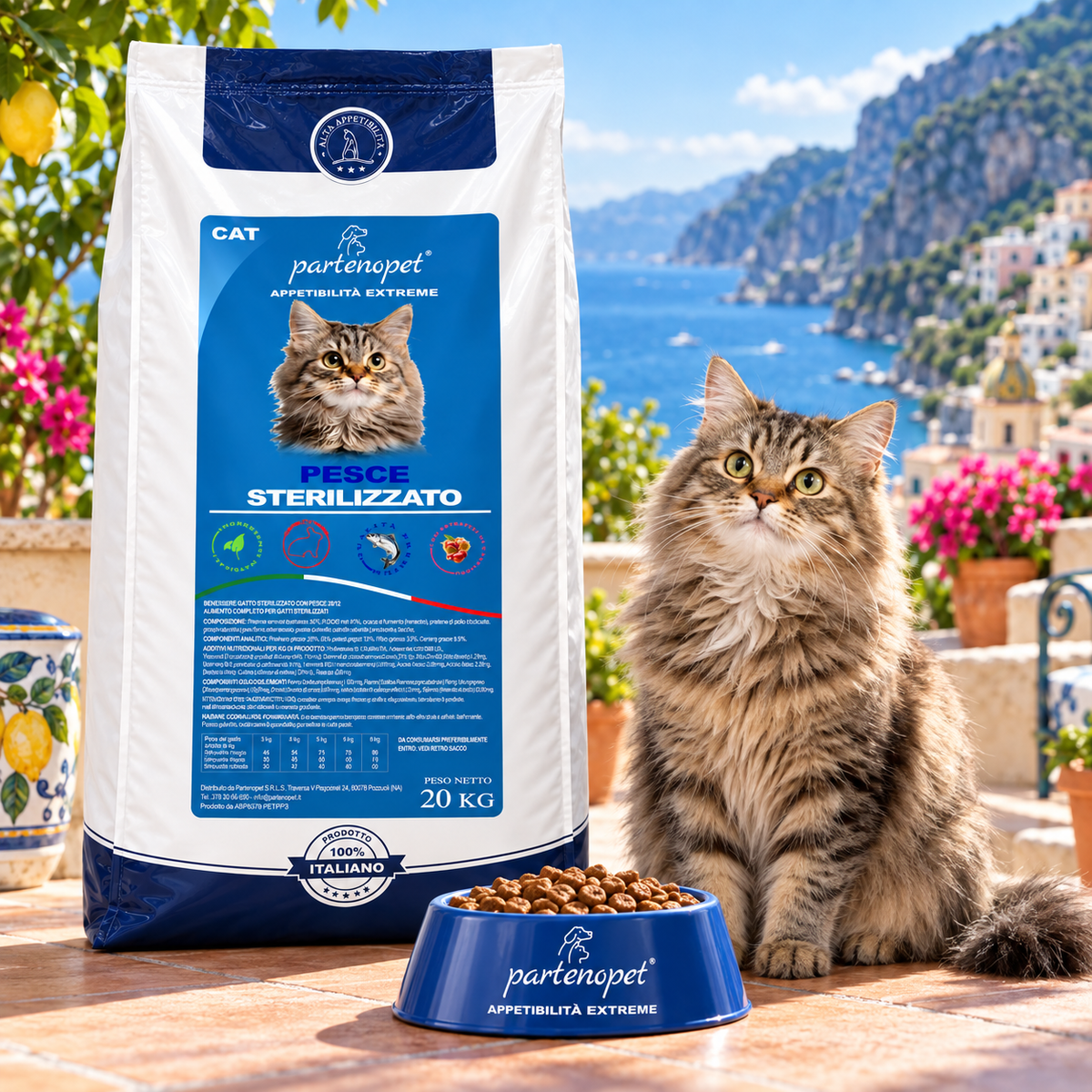 Gatto sterilizzato accanto al sacco Partenopet Cat Sterilizzato Pesce 20 kg