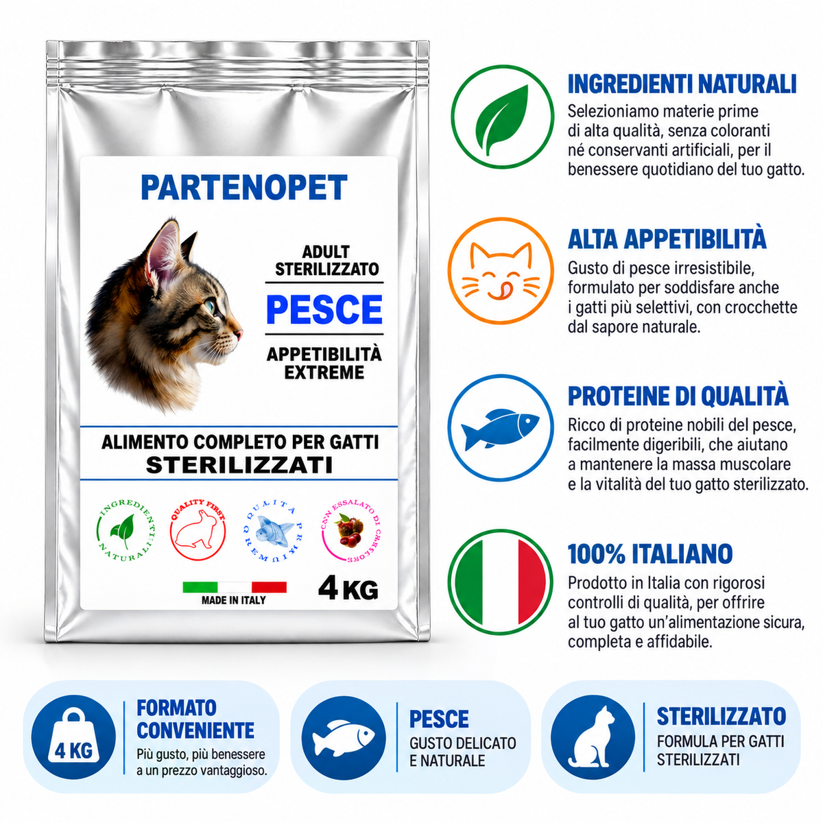 Partenopet Cat Sterilizzato Pesce 4 kg, alimento completo per gatti sterilizzati Made in Italy
