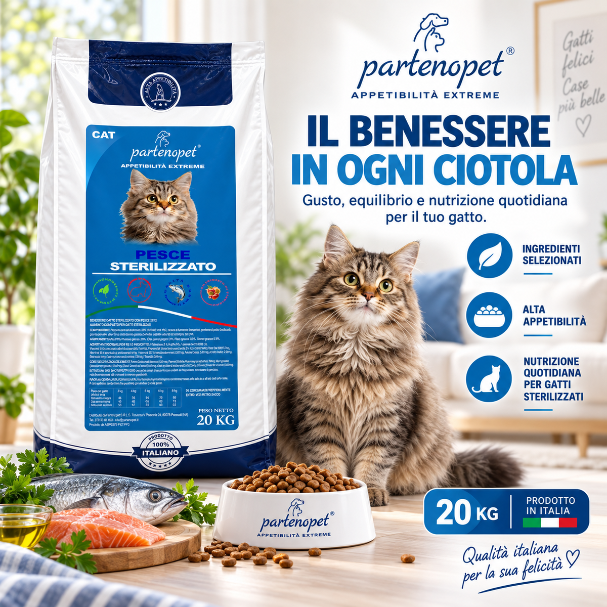 Crocchette Partenopet per gatti sterilizzati al pesce, alimento completo ad alta appetibilità
