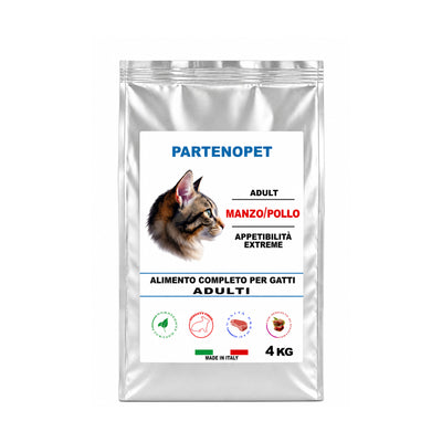 Sacco di crocchette premium Partenopet per gatti adulti al gusto manzo e pollo, alimento secco ricco di proteine al 40% e taurina per la salute del cuore e della vista, 100% Made in Italy.