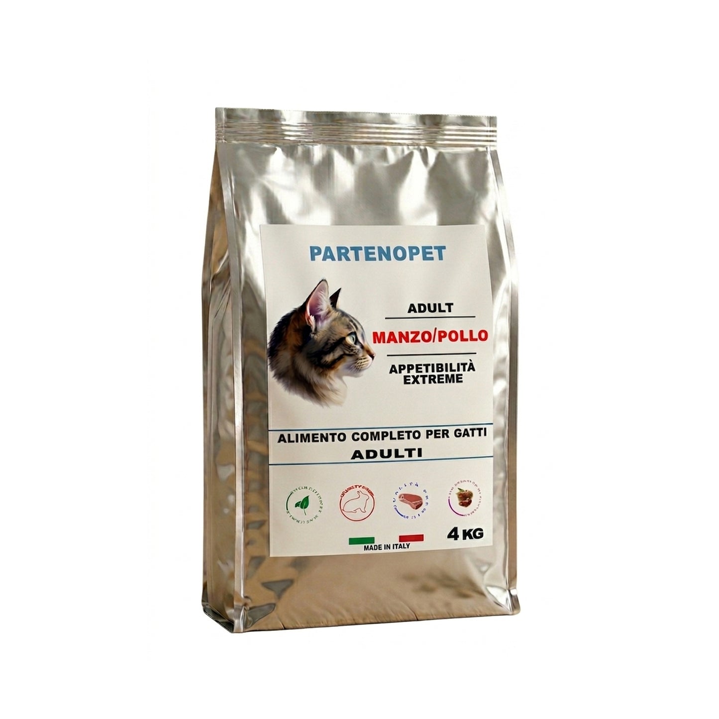 Sacco di crocchette premium Partenopet per gatti adulti al gusto manzo e pollo, alimento secco ricco di proteine al 40% e taurina per la salute del cuore e della vista, 100% Made in Italy.