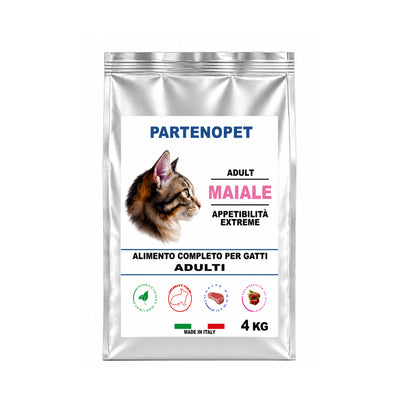 Sacco di crocchette premium Partenopet per gatti adulti al gusto maiale, alimento secco ricco con il 40% di proteine e integrato con taurina, formula ad alta digeribilità, 100% Made in Italy.
