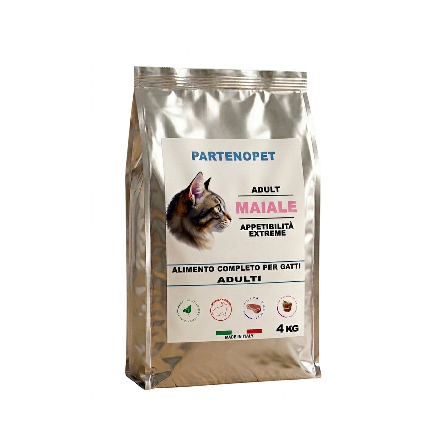 Sacco di crocchette premium Partenopet per gatti adulti al gusto maiale, alimento secco ricco con il 40% di proteine e integrato con taurina, formula ad alta digeribilità, 100% Made in Italy.