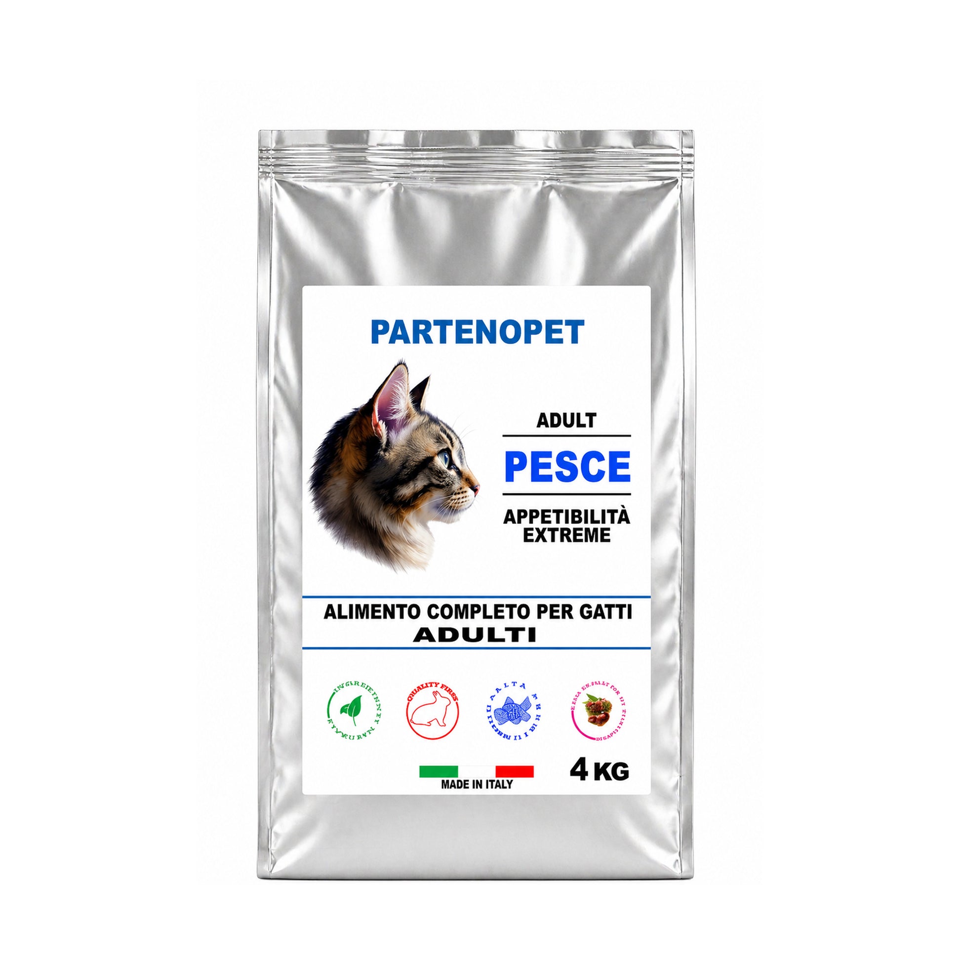 Sacco di crocchette premium Partenopet per gatti adulti al gusto pesce, alimento secco con il 40% di proteine disidratate e taurina, ideale per una digestione ottimale e un pelo lucido, 100% Made in Italy.