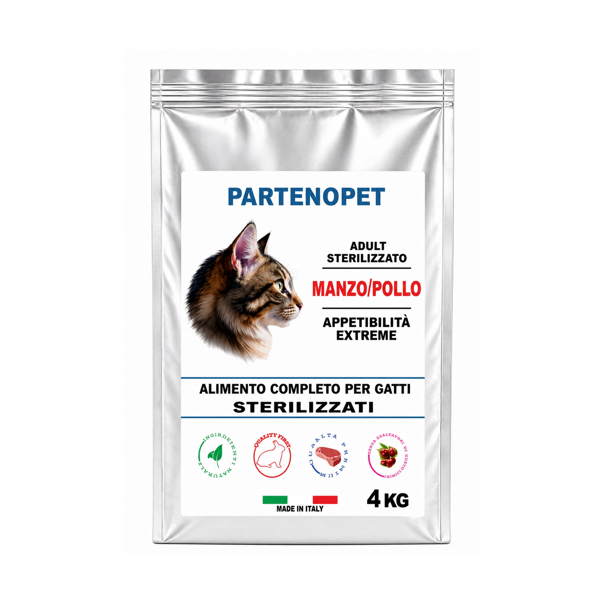 Sacco di crocchette Partenopet per gatti sterilizzati al gusto manzo e pollo, formula light per il controllo del peso con il 12% di grassi e ricca di taurina, 100% Made in Italy.